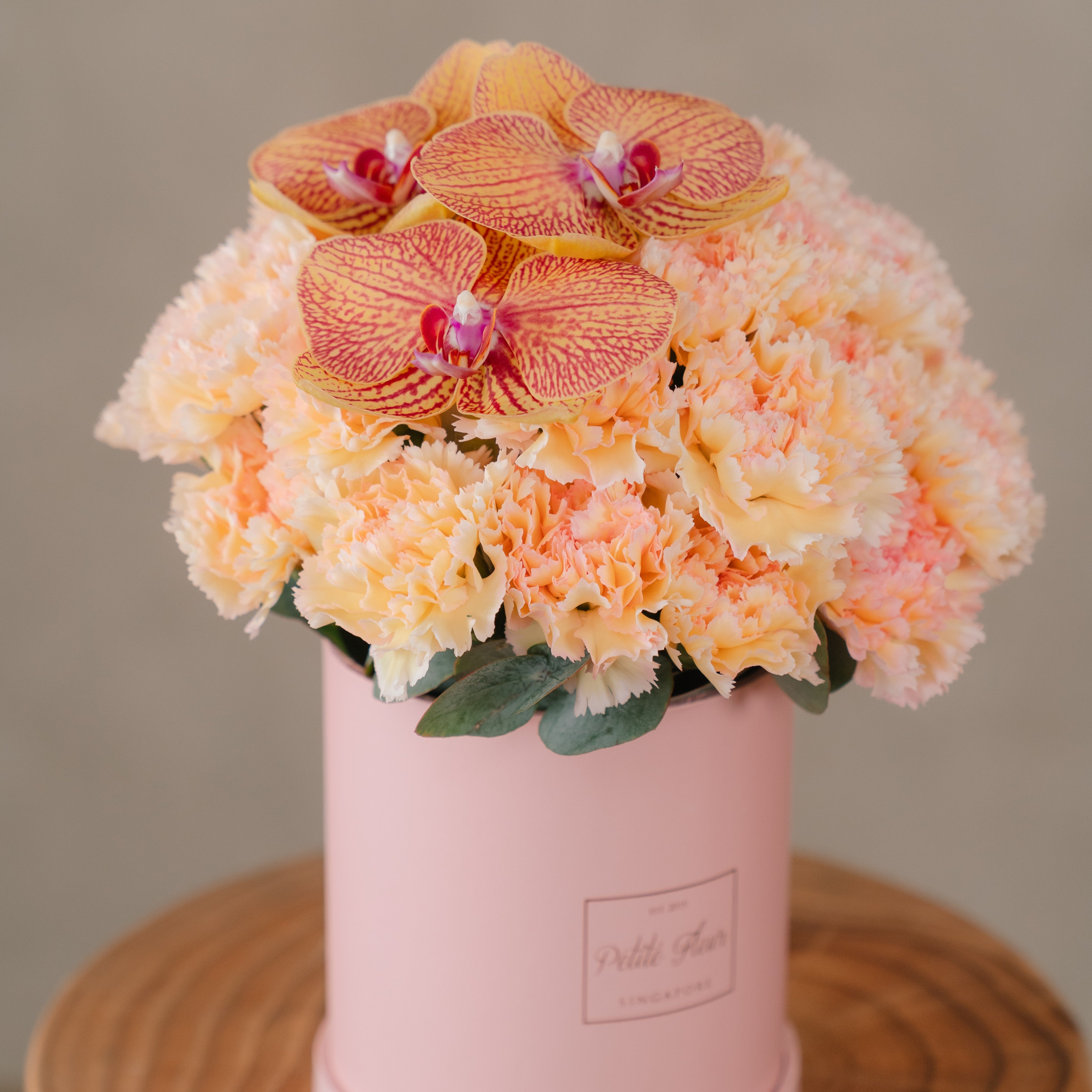 Peach Carnation & Yellow Orchid Petite Flower Box
