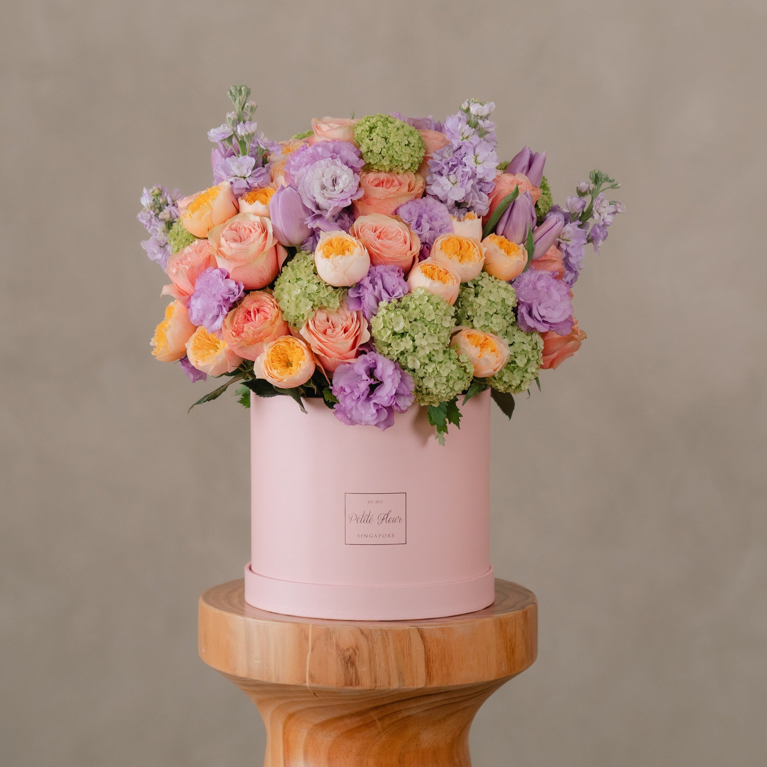 Lilac Lisianthus & Orange Garden Rose Flower Box