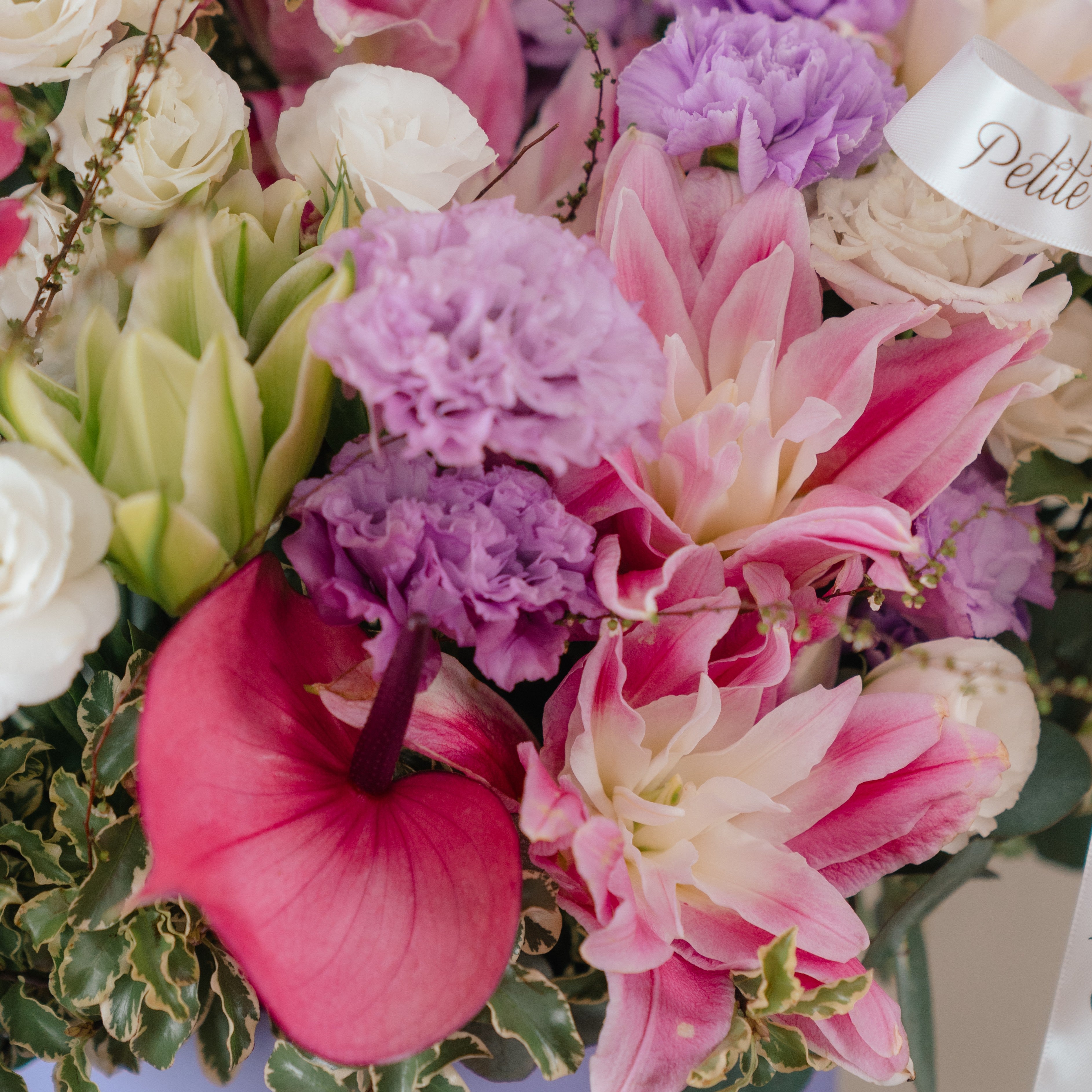 Pink Double Petaled Lily and Lilac Carnation Flower Box
