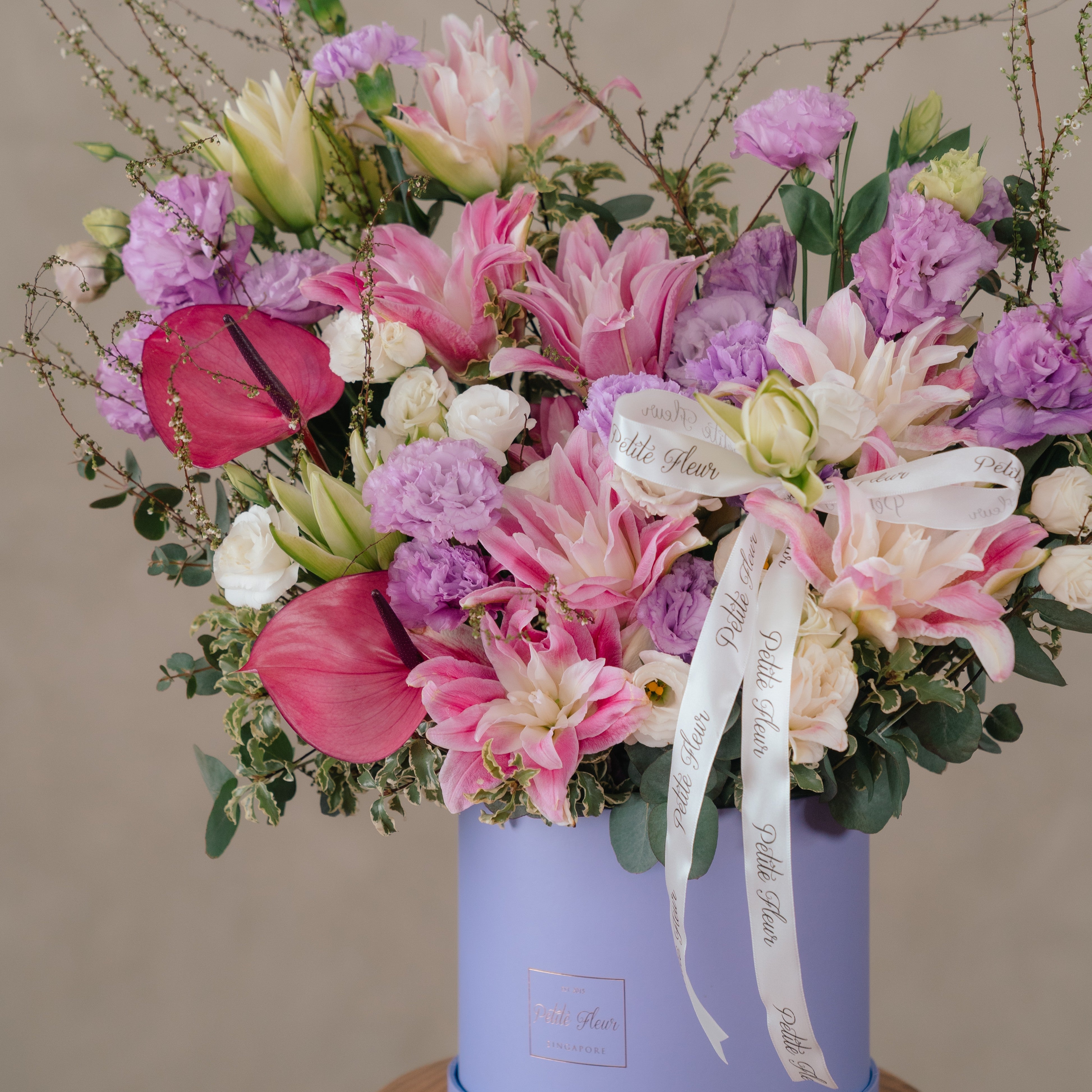 Pink Double Petaled Lily and Lilac Carnation Flower Box