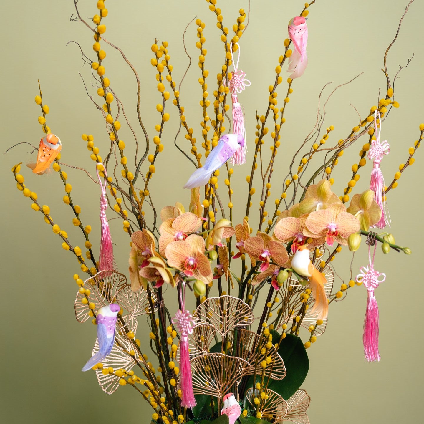 Coral Orchid And Pussy Willow Arrangement
