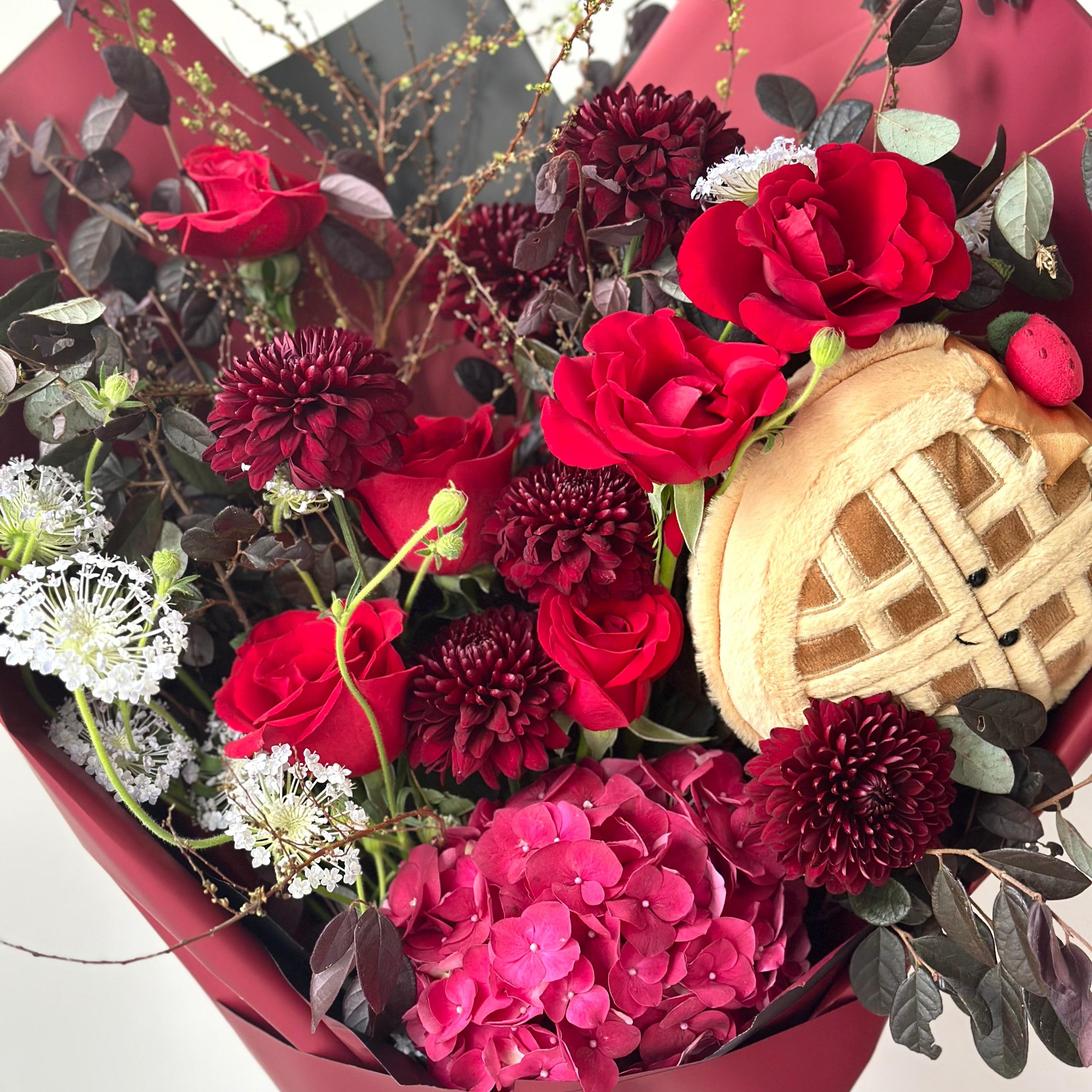 Jellycat Waffle with Roses and Hydrangea Bouquet