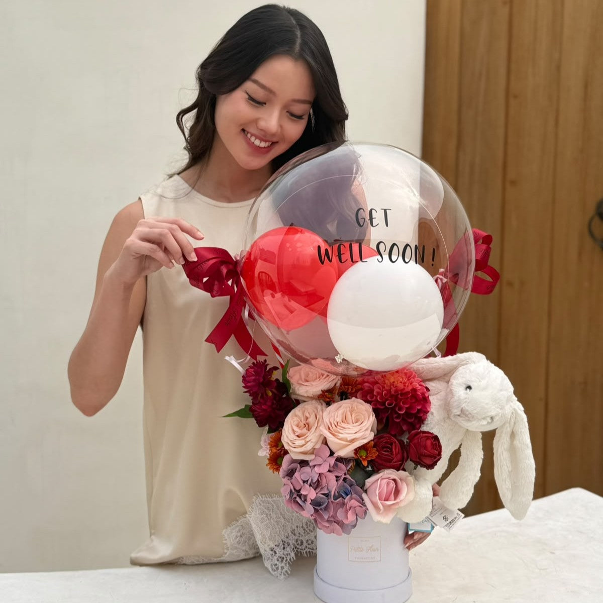 Hot Air Balloon - Jellycat Bunny and Fresh Flowers