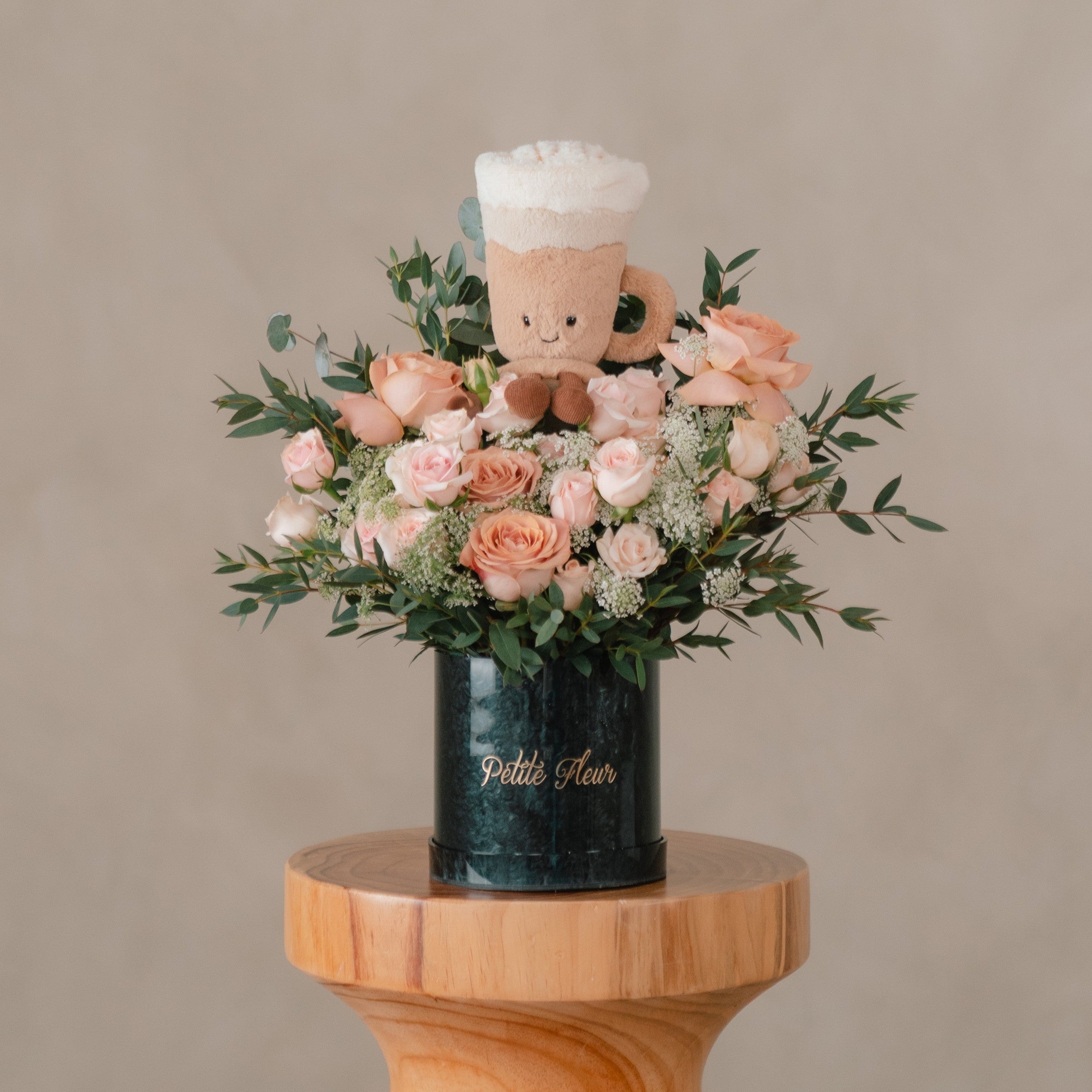 Floral arrangement with Jellycat Latte 