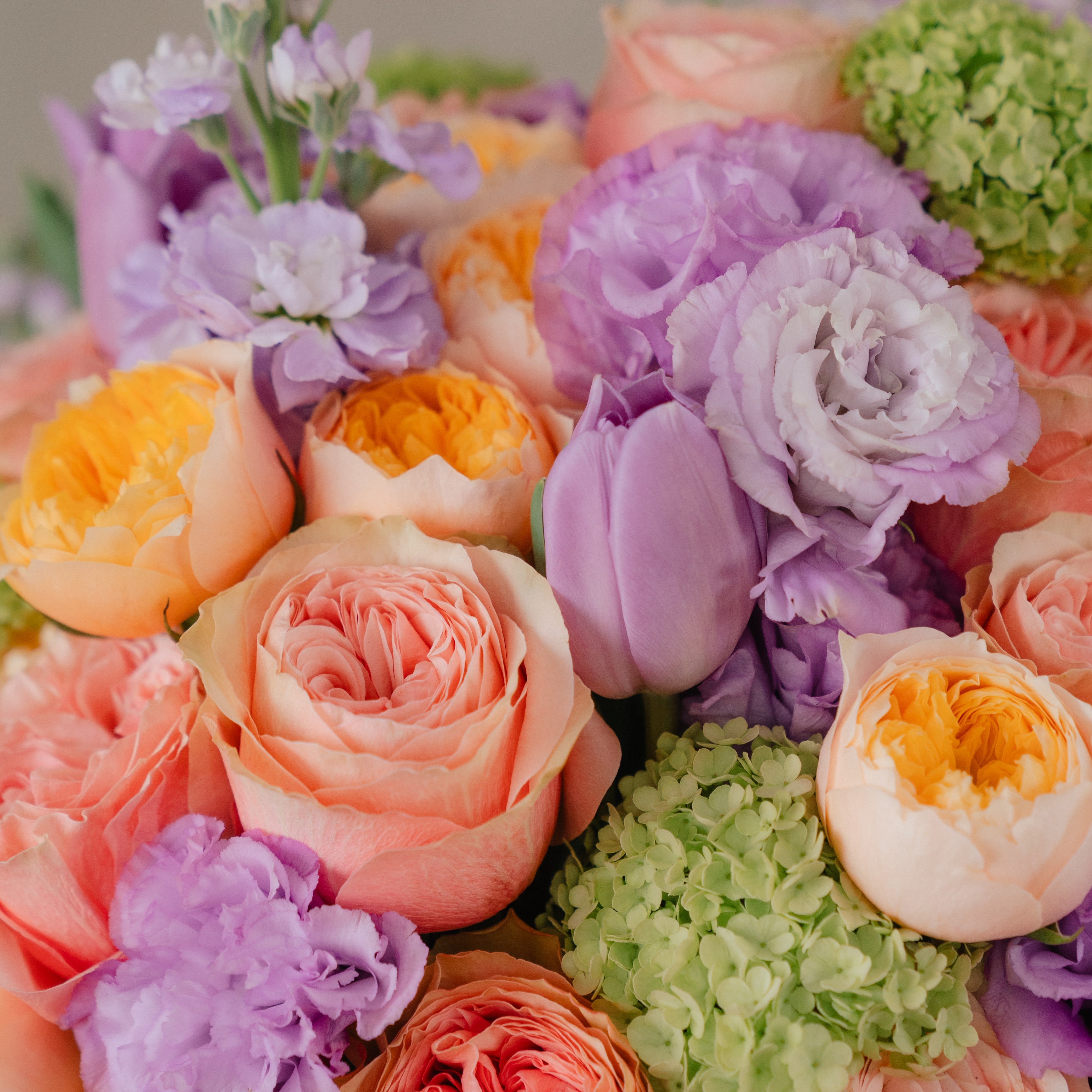 Lilac Lisianthus & Orange Garden Rose Flower Box
