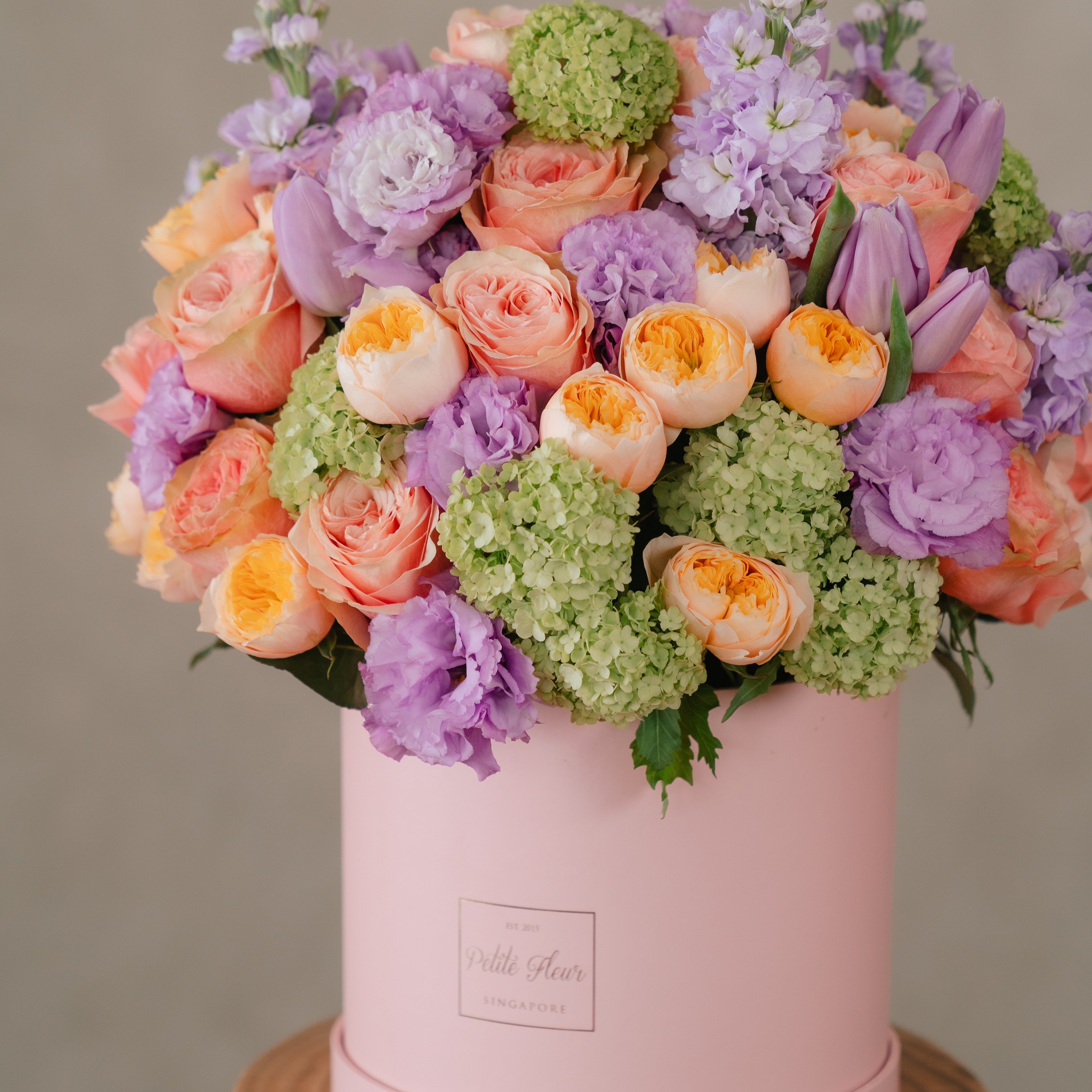 Lilac Lisianthus & Orange Garden Rose Flower Box