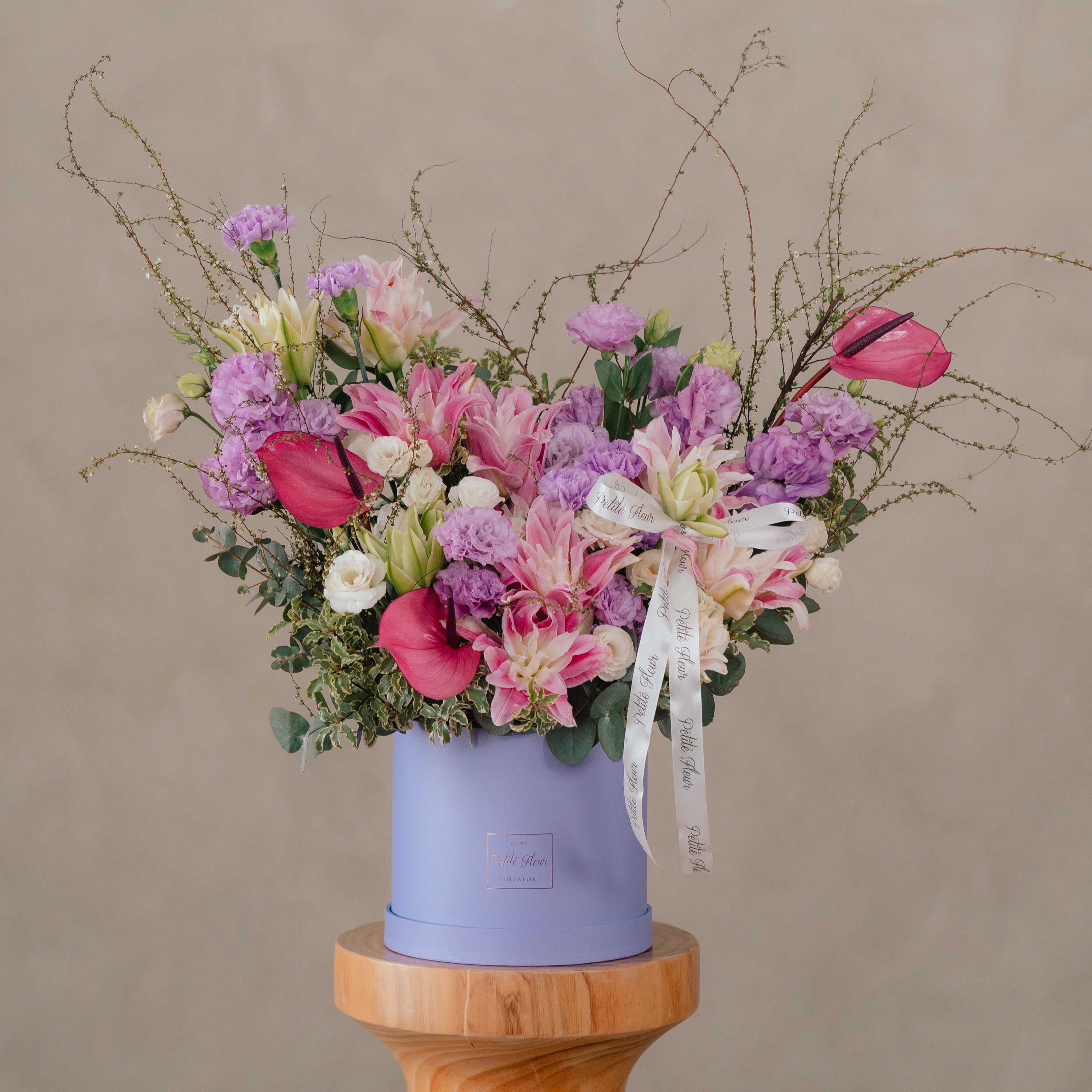 Pink Double Petaled Lily and Lilac Carnation Flower Box