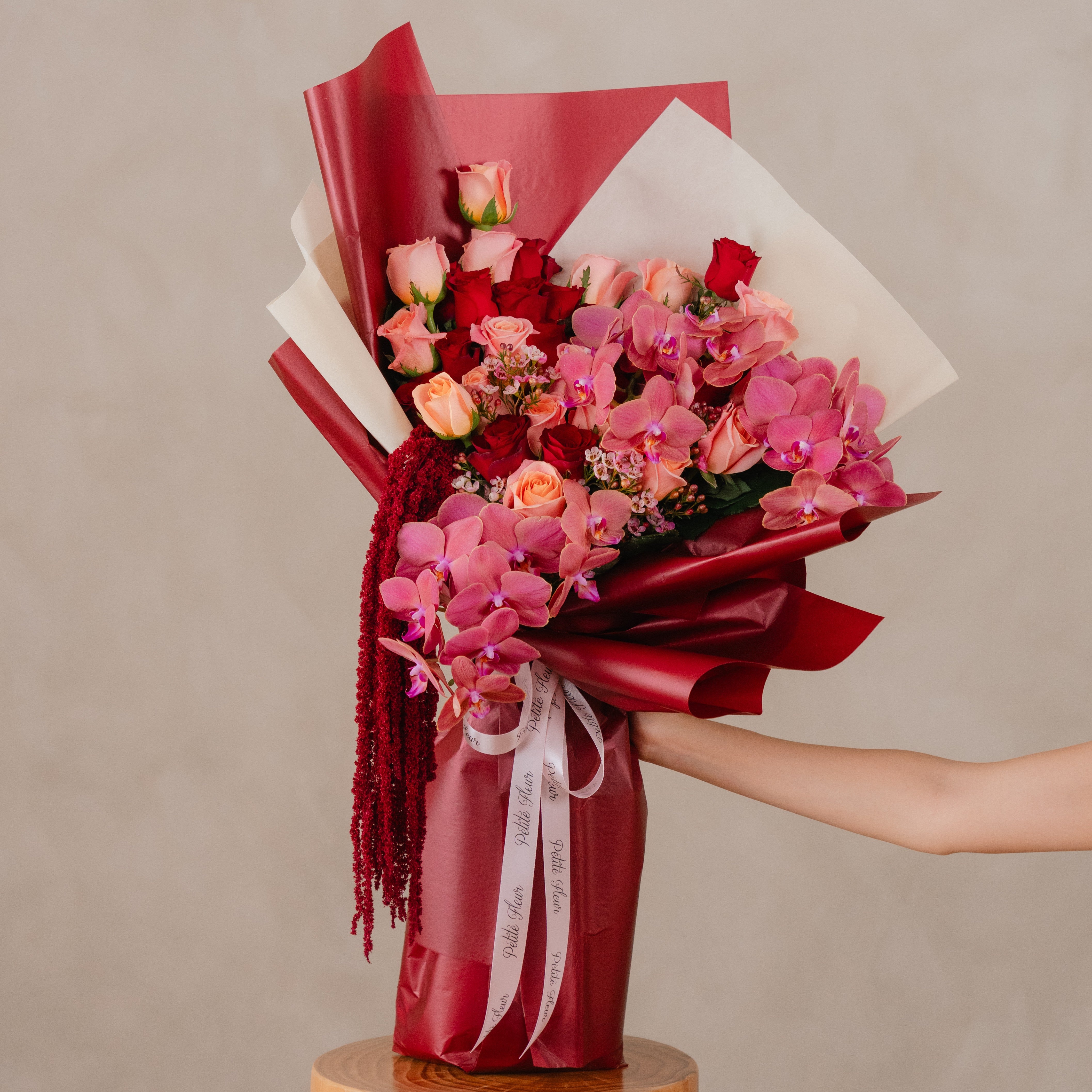 Crimson Elegance – Signature Orchid & Rose Bouquet