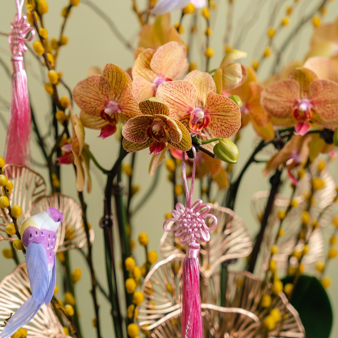 Coral Orchid And Pussy Willow Arrangement