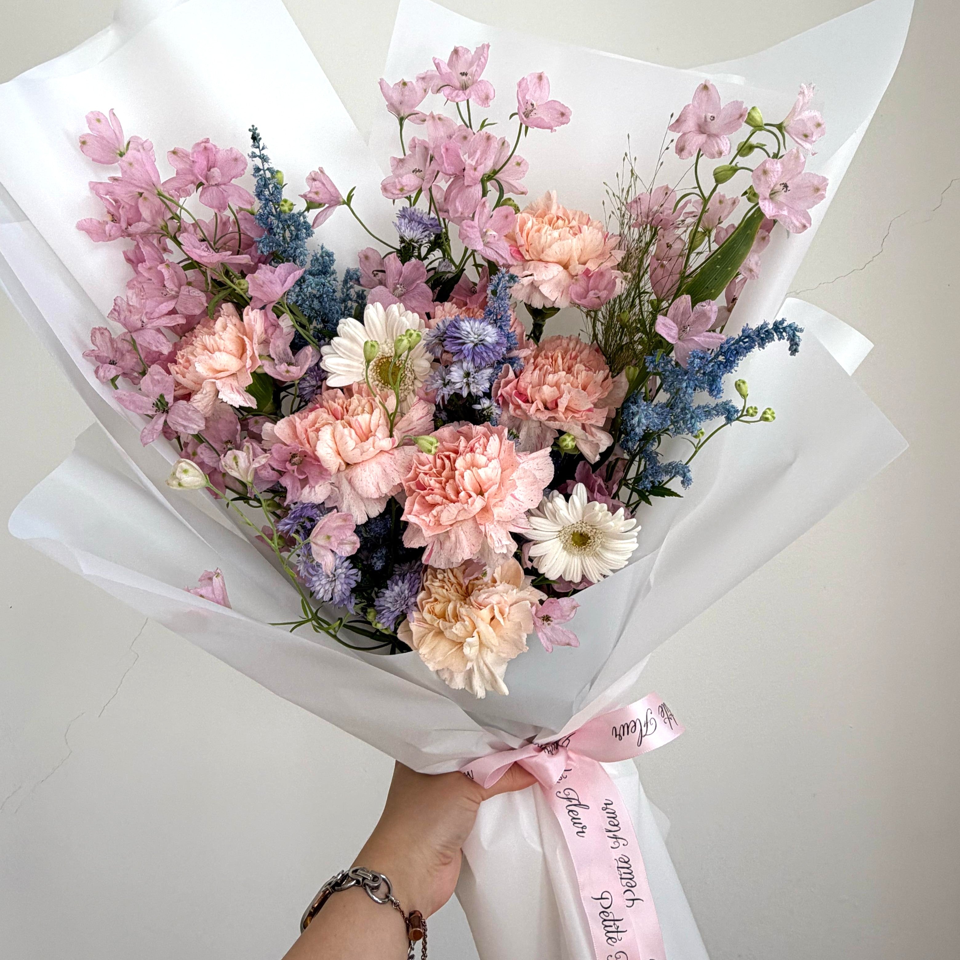 Sweet Carnation and Delphinium Bouquet