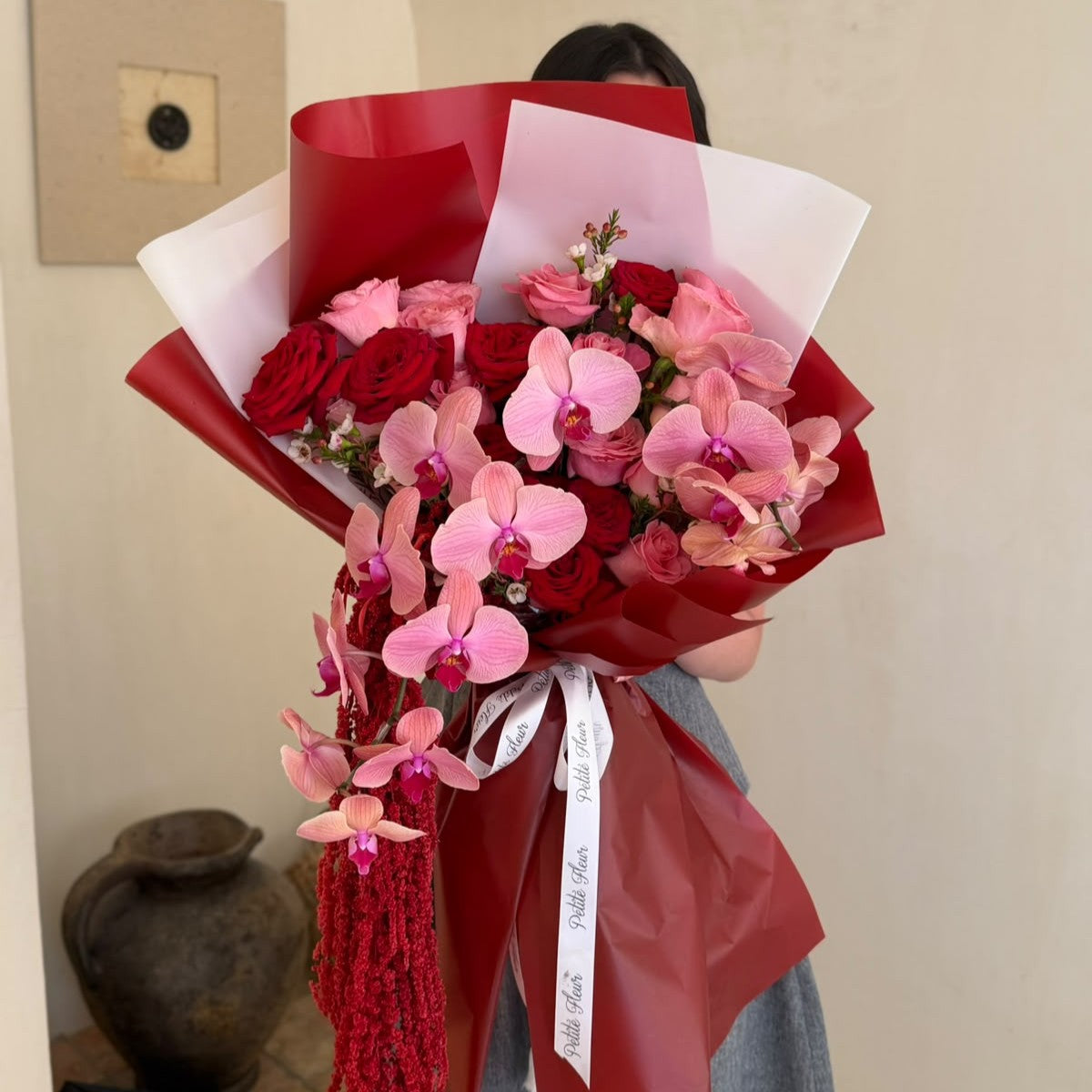 Crimson Elegance – Signature Orchid & Rose Bouquet